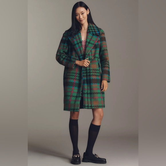 Anthropologie NVLT Plaid Wool Blend Mid-Length Coat Sz S NWT Apple Green - Picture 4 of 8